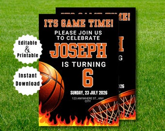 Invito di compleanno a tema basket modificabile, invito di compleanno per festa sportiva, tema sportivo, festa di compleanno per bambini, inviti stampabili a tema basket