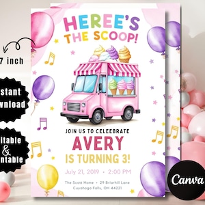Ice Cream Birthday Invitation. Icecream Sweet Party Here&#39;s the Scoop Pink Purple Gold Girl Birthday EDITABLE Invite. Printable Download