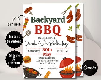 Editable Backyard BBQ Party Invitation: Canva Template (5x7 Inches, Digital Download)