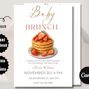 Strawberry Baby Brunch Invitation: Pancake Theme (5x7, Editable PDF)