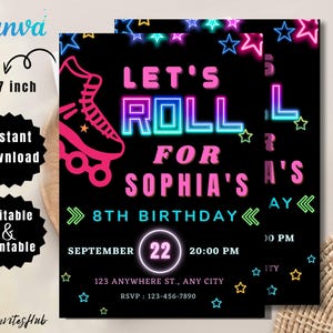 Skate Party Birthday Invitation, Party Invitation, Roller Skating, Retro Neon Lights, Editable Canva Template