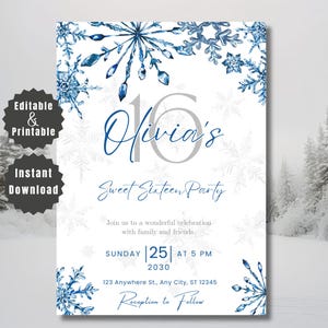 Puede incluir: Una invitación blanca con detalles de copos de nieve azules para una fiesta de Sweet Sixteen. La invitación presenta el nombre "Olivia's" y el texto "Sweet Sixteen Party", junto con la fecha, hora y lugar.