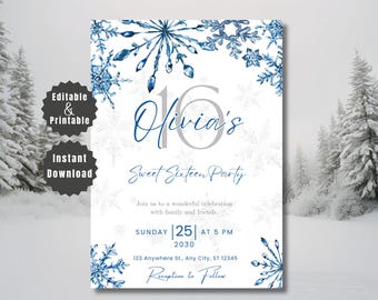 Winter Wonderland Sweet Sixteen Invitation: Silver Snowflakes Castle (Canva Template Digital Download)