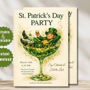 May include: St. Patrick's Day party invitation featuring a leprechaun relaxing in a giant green cocktail glass. The invitation includes the text "St. Patrick's Day PARTY", event details, and the phrase "Sip, Celebrate & Feel the Luck".