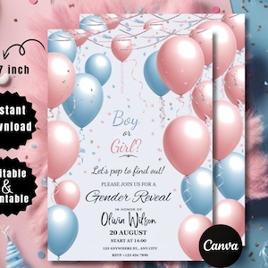 Ballon Minimalist Gender Reveal druckbare Einladung, Minimal He oder She Gender Reveal elektronische Einladung, digital bearbeitbare Canva-Vorlage