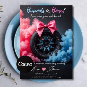 May include: A gender reveal party invitation featuring a car tire with a pink bow, surrounded by pink and blue smoke. Text reads "Burnouts or Bows?" and "Soon everyone will know!" The invitation is on a blue plate with a fork and knife.