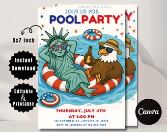 4. Juli Pool-Party-Einladung: Bearbeitbares patriotisches Design (PDF-Vorlage)