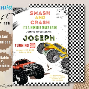 Invitación de cumpleaños de Monster Jam - Invitación de cumpleaños de Monster Truck - Plantilla de invitación de cumpleaños - Grave Digger - Edición instantánea, descarga e impresión