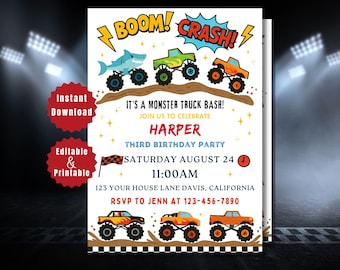 Monster Truck Birthday Invitation, Watercolor Boom Crash Bash Party Invite, Editable 5x7 Canva Template, Digital Kids Birthday Download