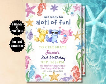 Axolotl Birthday Invitation | A Lotl Fun Party Invite | Girl Birthday Template | Editable Canva Design