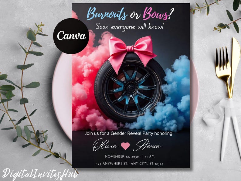 May include: A gender reveal party invitation with the text "Burnouts or Bows?" featuring a car tire with a pink bow and pink and blue smoke. The invitation includes the names Olivia and Aaron, and event details.