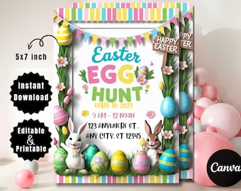 Invitation chasse aux œufs de Pâques, invitation lapin de Pâques, invitation fête de Pâques, modèle de toile éditable