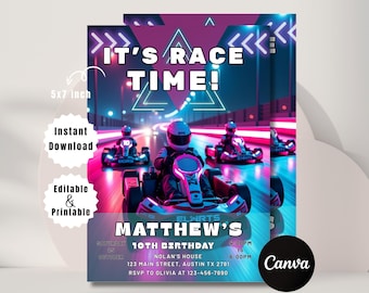 Go Kart Birthday Invitation: Racing Party, Editable Canva Template (Digital Download 5x7 Inches)