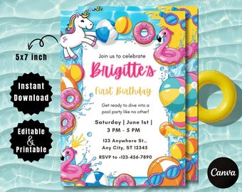 Peut inclure: Une invitation imprimable de 12,7 x 17,8 cm pour une fête à la piscine. L'invitation représente une licorne, un flamant rose et divers jouets de piscine. Le texte sur l'invitation est le suivant : "Rejoignez-nous pour célébrer le premier anniversaire de Brigitte. Préparez-vous à plonger dans une fête à la piscine comme nulle autre ! Samedi | 1er juin | 15h00 - 17h00 123 Anywhere St., Any City, ST 12345 RSVP au +123-456-7890"