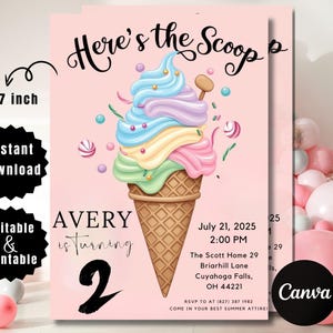Ice Cream Birthday Invitation. Icecream Sweet Party Here&#39;s the Scoop Pink Purple Gold Girl Birthday EDITABLE Invite. Printable Download