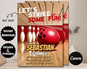 Invitación de cumpleaños editable de bolos: Fiesta de neón (PDF)
