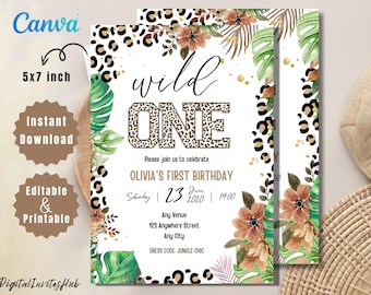 Leopard Print Wild One Birthday Invitation: Safari Girl (Editable Template)