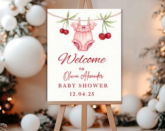 Cherry Baby Shower Welcome Sign: Coquette Pink Bow Decor (16x20" Editable Template, Instant Download)