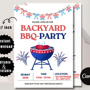 Editable 4th of July BBQ Invitation, Printable Independence Day Party Invite, July 4th Barbecue Template, Patriotic July Fourth Invite
