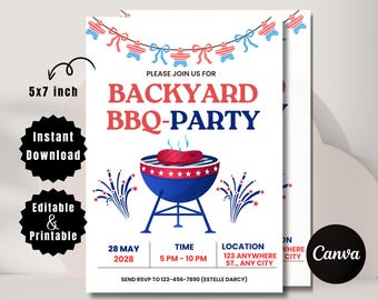 Editable 4th of July BBQ Invitation: Patriotic Party Invite (5x7, Digital Download, Canva Template)