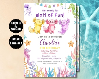 Axolotl Birthday Invitation | A Lotl Fun Party Invite | Girl Birthday Template | Editable Canva Design