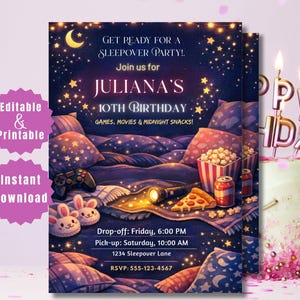 May include: A digital invitation for a sleepover party, featuring a starry night sky design. The invitation includes text for Juliana's 10th birthday, with games, movies, and snacks. A birthday cake with candles is on the right.