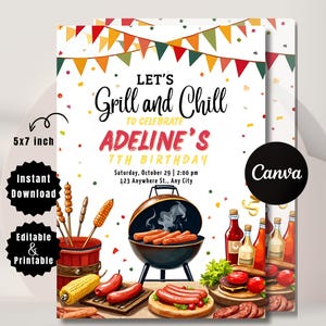 May include: A colorful invitation for a 7th birthday party with the theme "Grill and Chill." The design features a barbecue grill, food illustrations, and text that reads "Let's Grill and Chill to Celebrate Adeline's 7th Birthday."