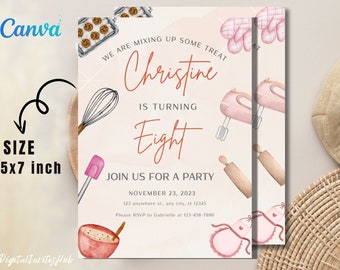 May include: A pink and brown invitation card with a watercolor illustration of baking tools. The text reads "We are mixing up some treat Christine is turning Eight Join us for a party November 23, 2023 123 anywhere st., any city, st 12345 Please RSVP to Gabrielle at 123-456-7890".