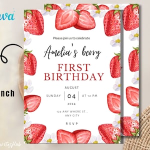 Berry First Birthday Invitation, Berry First Birthday Invite, Strawberry First Birthday Invitation, 5x7 Canva