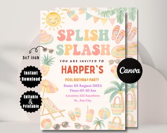 Splish Splash Birthday Invitation: Pool Party, Beach Ball Theme (Printable Template, Instant Download)