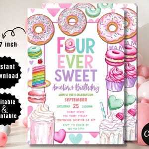 Four Ever Sweet Birthday Invitation: Donut Party, Girl 4th Birthday (Editable Printable)