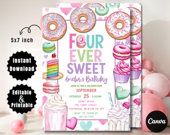 Puede incluir: Una invitación imprimible rosa y blanca de 12,7 x 17,8 cm para una fiesta de cumpleaños. La invitación presenta una dona, un cupcake, un macarrón y un batido con el texto "Four Ever Sweet Amelia's Birthday" y los detalles de la fiesta.
