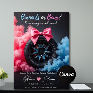 May include: A gender reveal party invitation with the text "Burnouts or Bows?" and "Soon everyone will know!" A car tire is adorned with a pink bow, surrounded by pink and blue smoke. The invitation includes names, date, time, and address.