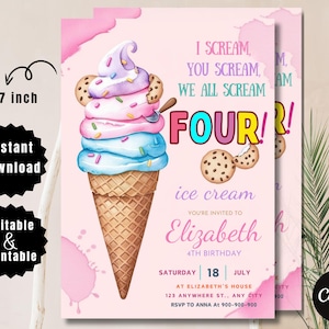Ice Cream Birthday Invitation. Icecream Sweet Party Here&#39;s the Scoop Pink Purple Gold Girl Birthday EDITABLE Invite. Printable Download