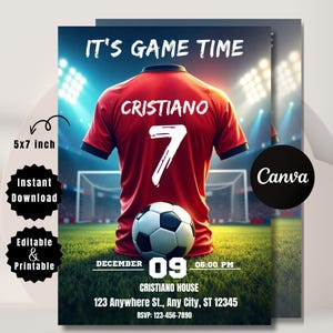 May include: Digital invitation card with a red football jersey displaying "CRISTIANO" and the number 7. The card reads "IT'S GAME TIME" and includes event details. The design is set against a stadium backdrop.