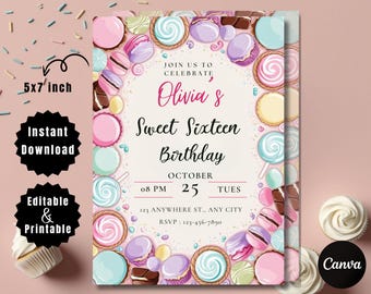 May include: A printable 5x7 inch invitation for a Sweet Sixteen birthday party. The invitation features a pink, white, and blue design with a variety of candy and sweets. The text on the invitation reads "Join us to celebrate Olivia's Sweet Sixteen Birthday, October 25, Tues, 08 PM, 123 Anywhere St., Any City, RSVP: 123-456-7890".