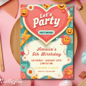 Editable Groovy Birthday Party Invitation Let&#39;s Party Birthday Boho Retro Flower Power 70&#39;s Girl Pink Digital Evite Template Printable