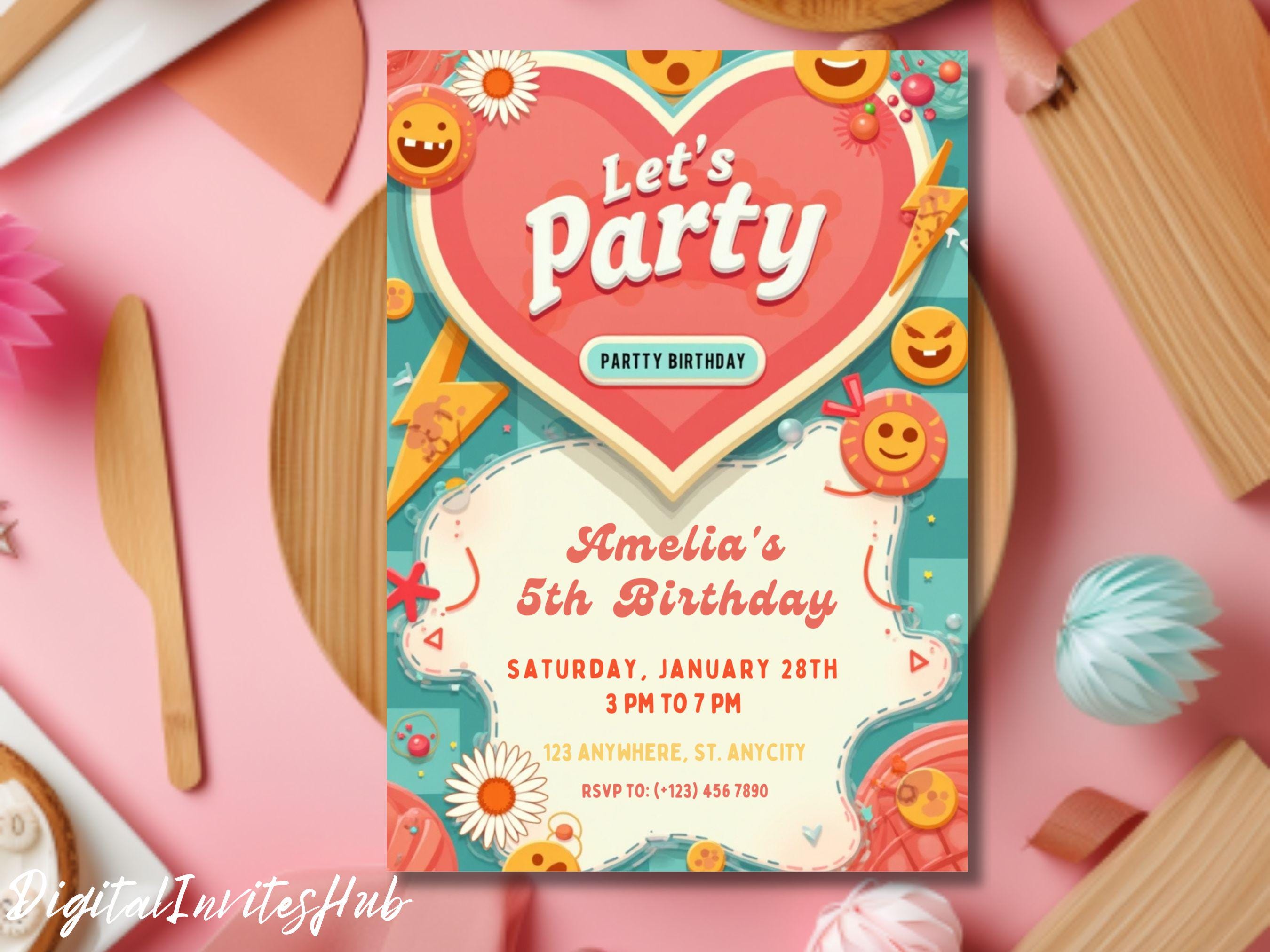 Editable Groovy Birthday Party Invitation Let's Party Birthday Boho Retro Flower Power 70's Girl Pink Digital Evite Template Printable
