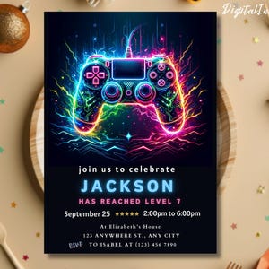 Faire-part de fête d'anniversaire jeu vidéo, passer un niveau supérieur, invitation à une fête d'arcade, invitation néon phosphorescent, gamer vidéo phosphorescent, toile modifiable image 8