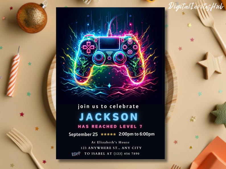 Faire-part de fête d'anniversaire jeu vidéo, passer un niveau supérieur, invitation à une fête d'arcade, invitation néon phosphorescent, gamer vidéo phosphorescent, toile modifiable image 8
