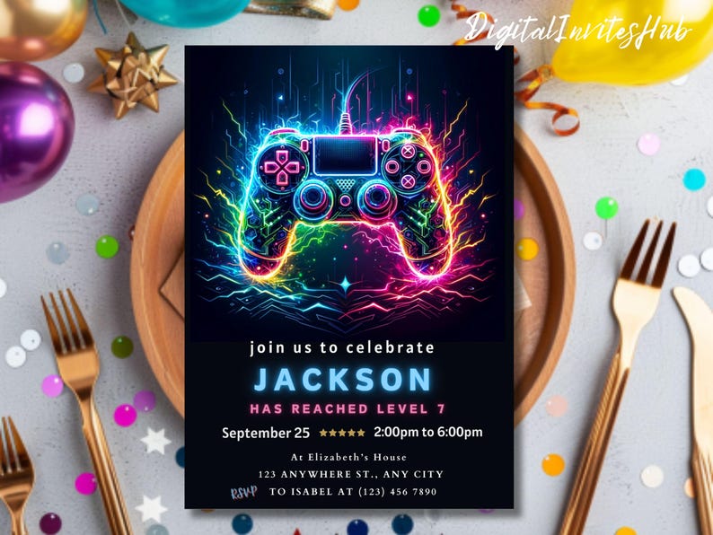 Faire-part de fête d'anniversaire jeu vidéo, passer un niveau supérieur, invitation à une fête d'arcade, invitation néon phosphorescent, gamer vidéo phosphorescent, toile modifiable image 10