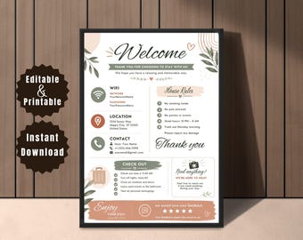 Airbnb Welcome Sign Template| Welcome Sign for Airbnb Hosts |Vacation Rental Printable | Guest Arrival Poster | VRBO, House Rules, WIFI Sign