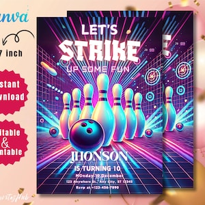 Glow Bowling Birthday Invitation: Neon Party, Editable 5x7 (PDF)