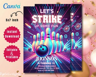 Invitación de cumpleaños de bolos luminosos: Fiesta neón, editable, 5x7 (PDF)