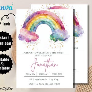 Editable Rainbow Invitation, Rainbow Birthday Invitation, Rainbow Template Download, Digital File