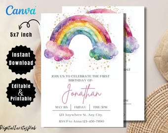 Editable Rainbow Birthday Invitation Template (Digital File)