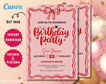Pink Bow Birthday Invitation: Editable Watercolor Template (5x7 Inches)