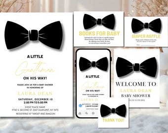 Little Gentleman Baby Shower Bundle, Bowtie Theme Baby Shower Invitation Set, Black and White Gentleman Decor, Editable Canva Template