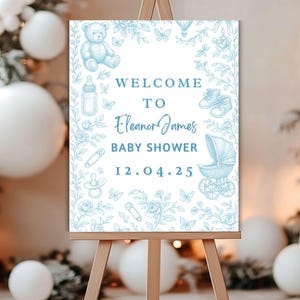 Editable Safari Toile de Jouy Baby Shower Welcome Sign, Dusty Blue Safari Theme, Canva Template, Digital Printable Decoration