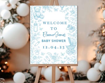 Editable Safari Toile de Jouy Baby Shower Welcome Sign, Dusty Blue Safari Theme, Canva Template, Digital Printable Decoration